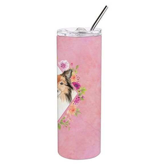 Sheltie Pink Flowers Stainless Steel 20 oz Skinny Tumbler - Picture 4 of 4
